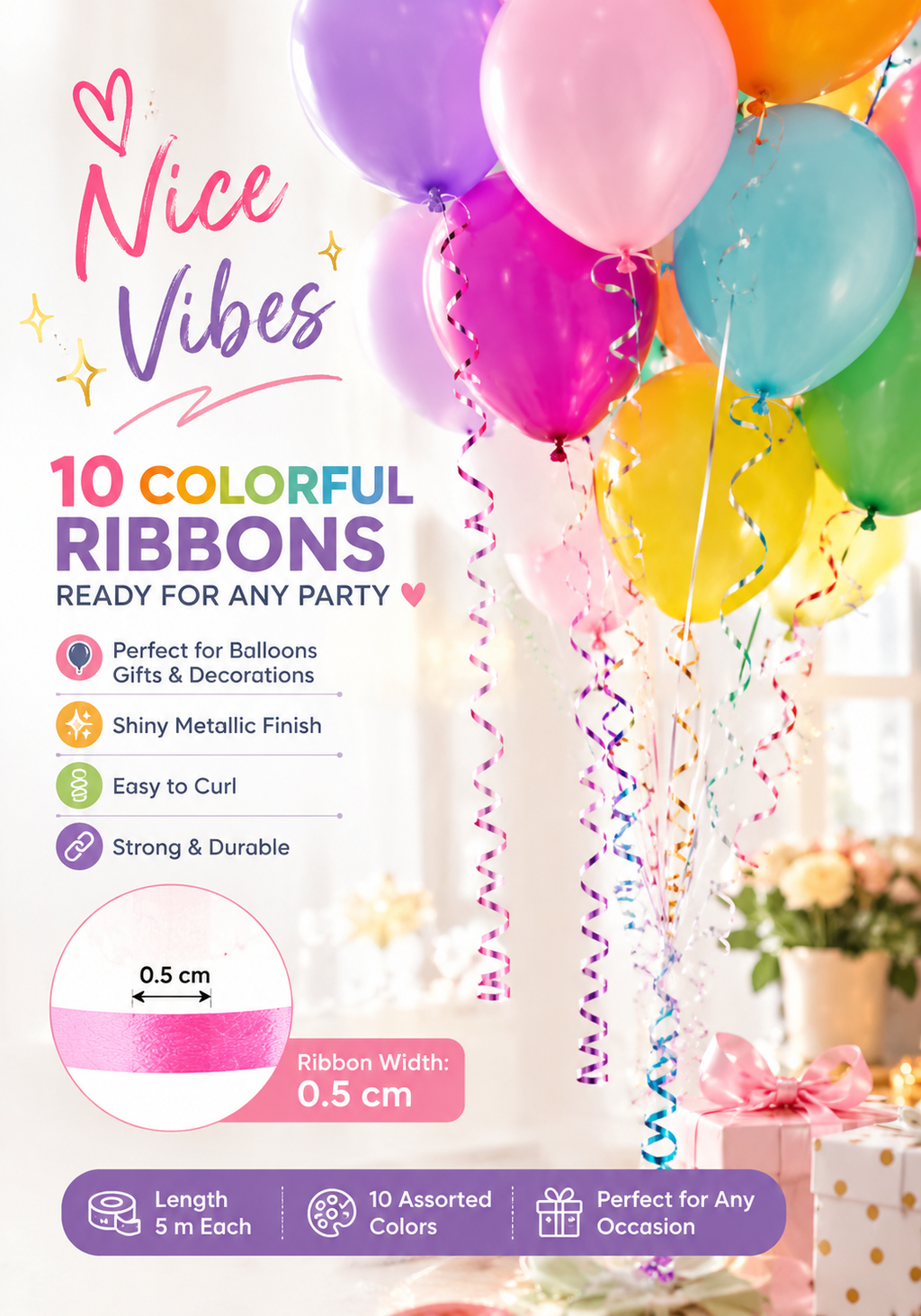 10-Pack Metallic Balloon Ribbon Rolls – Curling Ribbon for Balloons, Gift Wrapping & Party Decorations