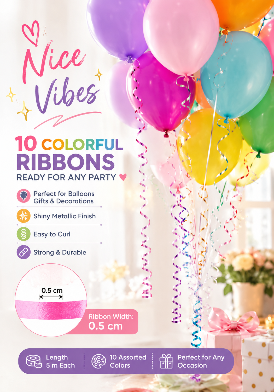 10-Pack Metallic Balloon Ribbon Rolls – Curling Ribbon for Balloons, Gift Wrapping & Party Decorations