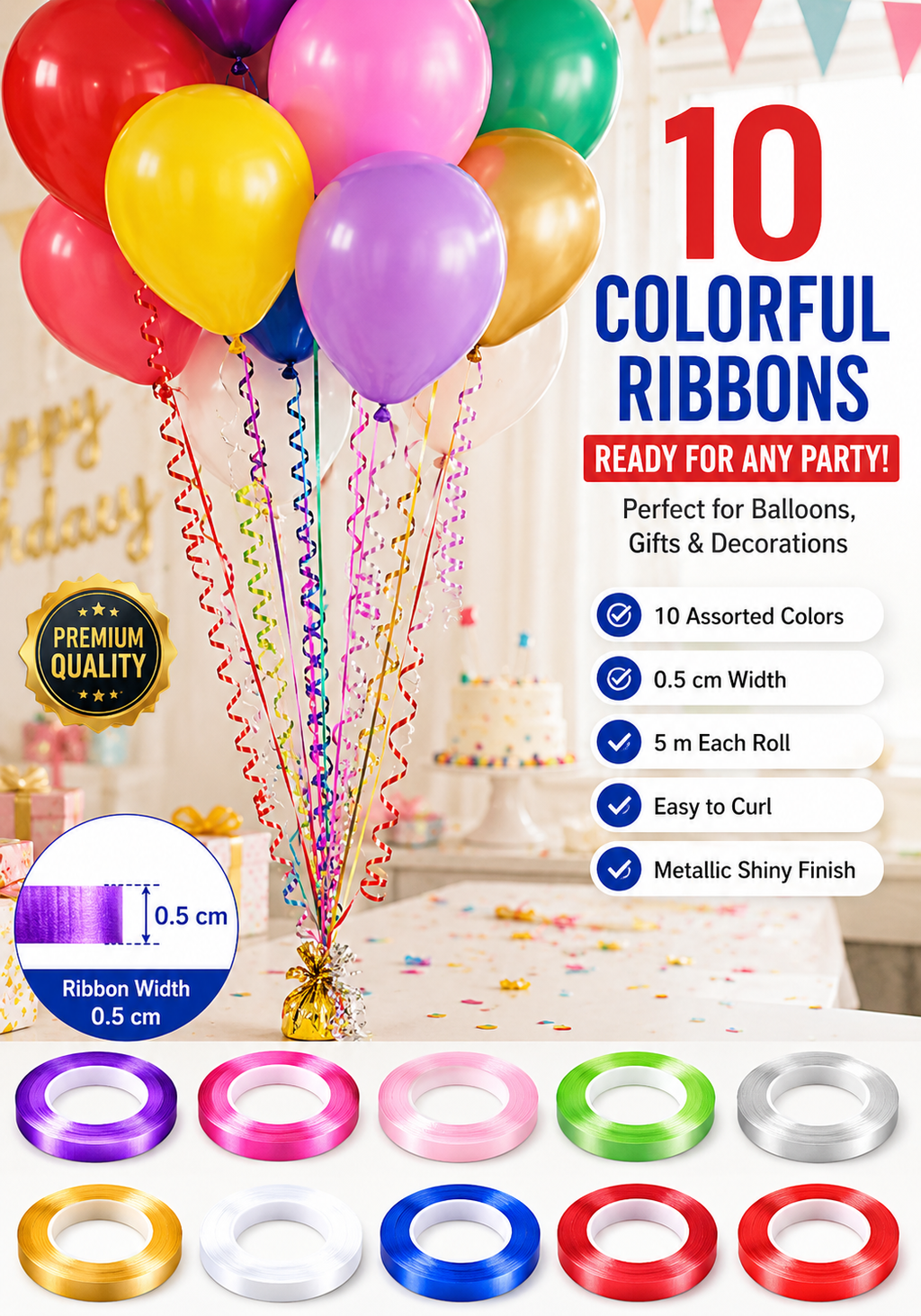 10-Pack Metallic Balloon Ribbon Rolls – Curling Ribbon for Balloons, Gift Wrapping & Party Decorations
