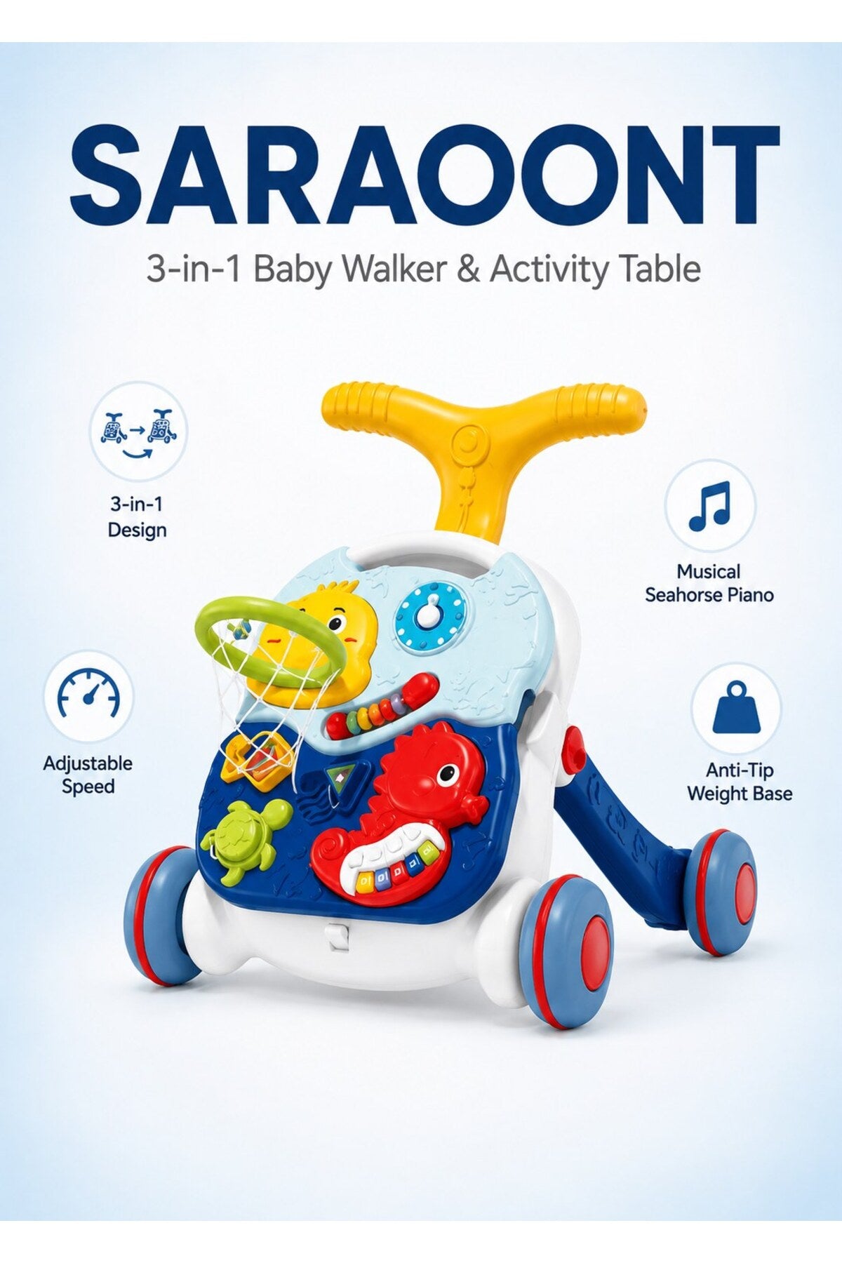 3-in-1 musical baby walker and activity table with piano