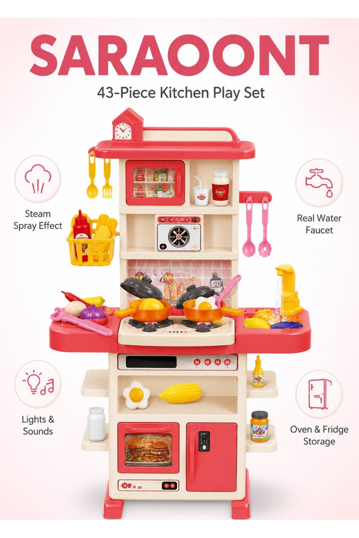 43-piece large pink kitchen playset with water sink and lights