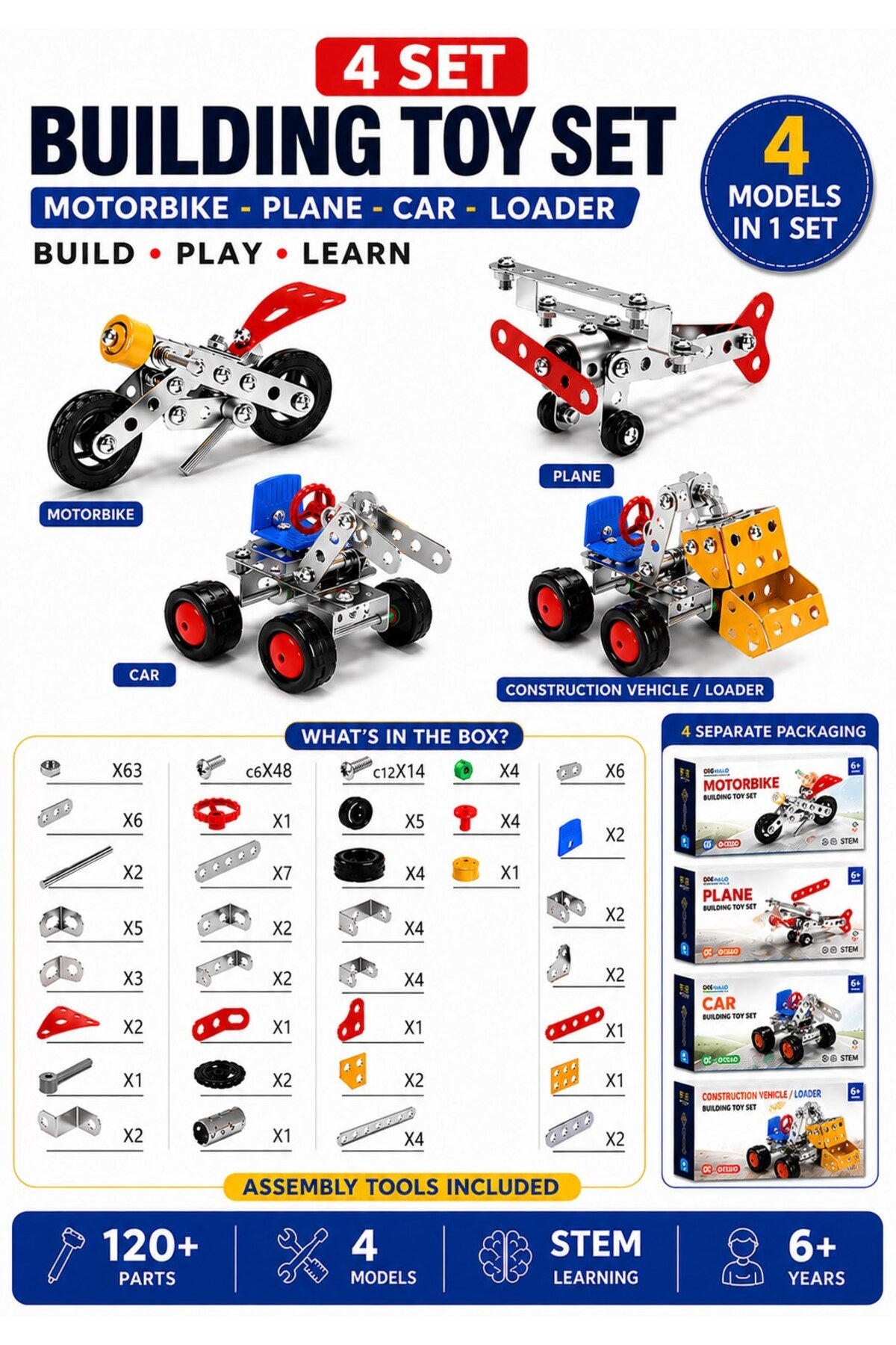 4-pack metal building construction toy set with tools