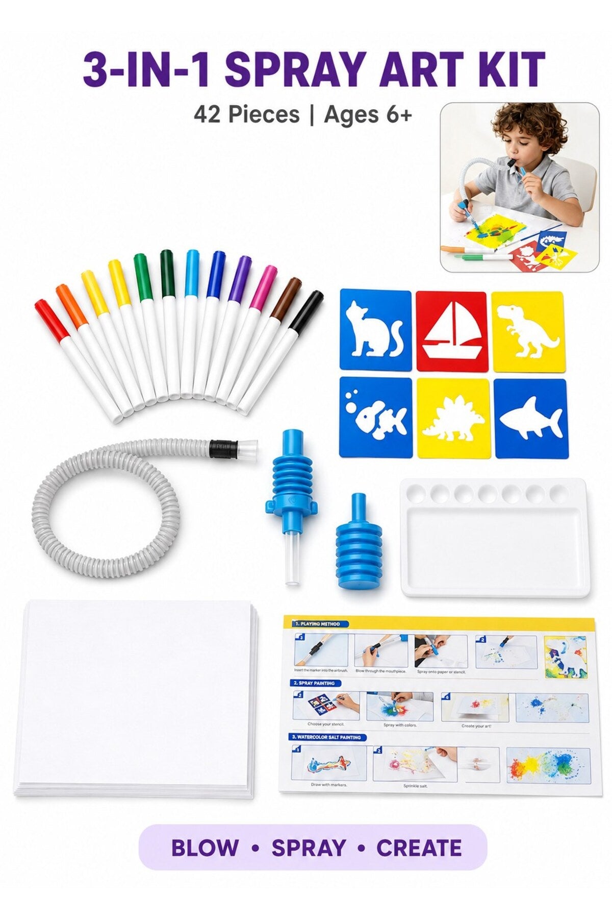 42-piece 3-in-1 blow airbrush spray art marker kit for kids