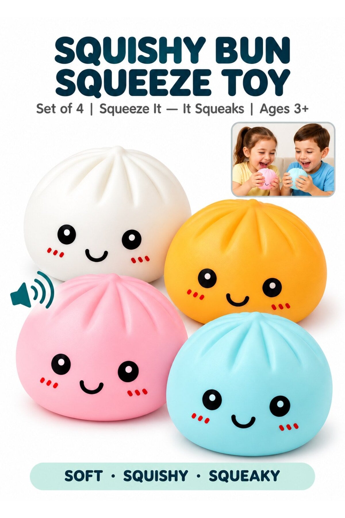 Set of 4 pastel squishy bun squeeze fidget toys
