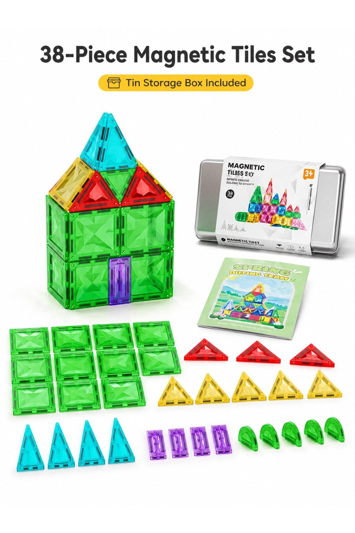 38-piece magnetic tiles building set with tin storage box