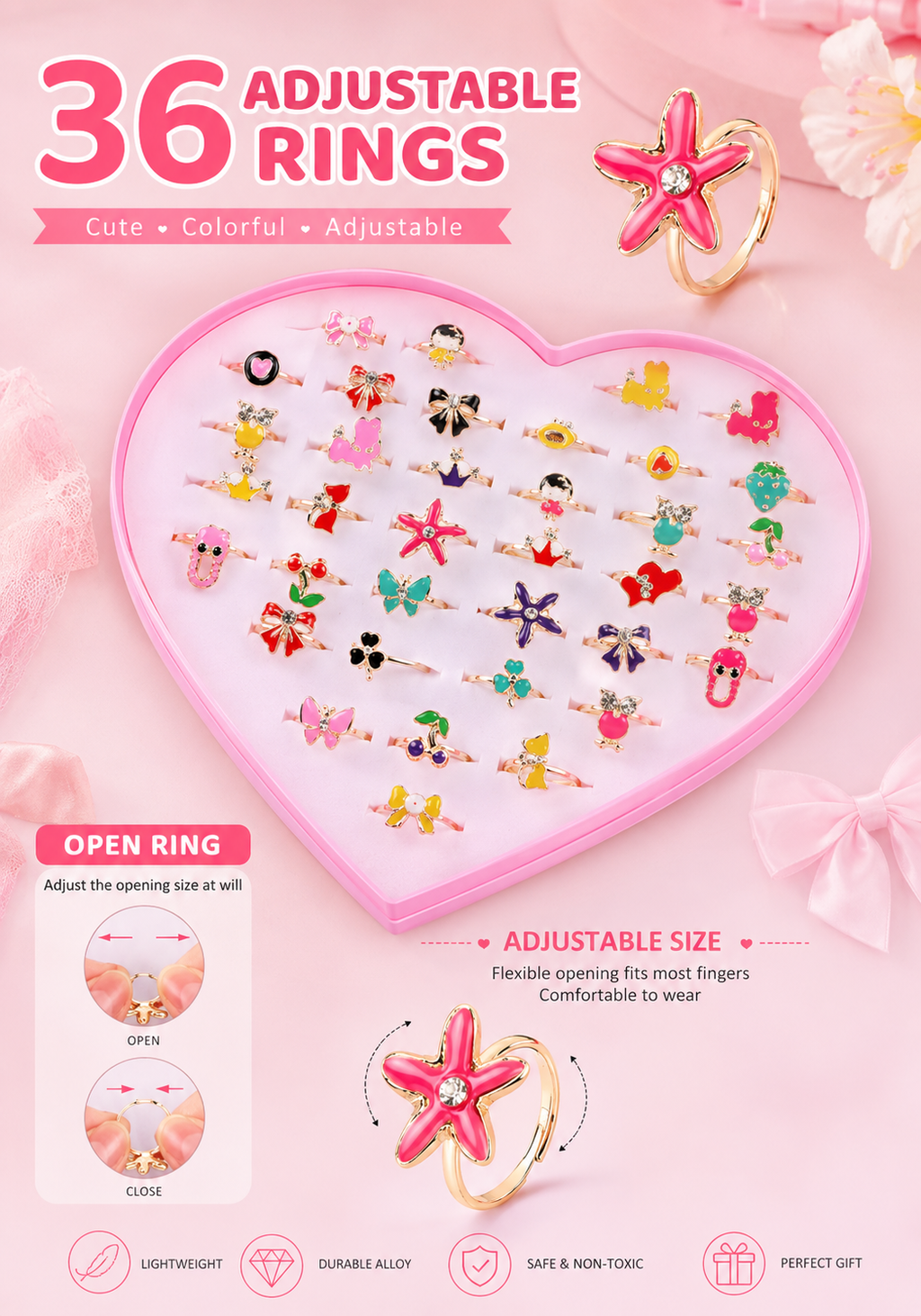 Adjustable kids rings assortment close-up view