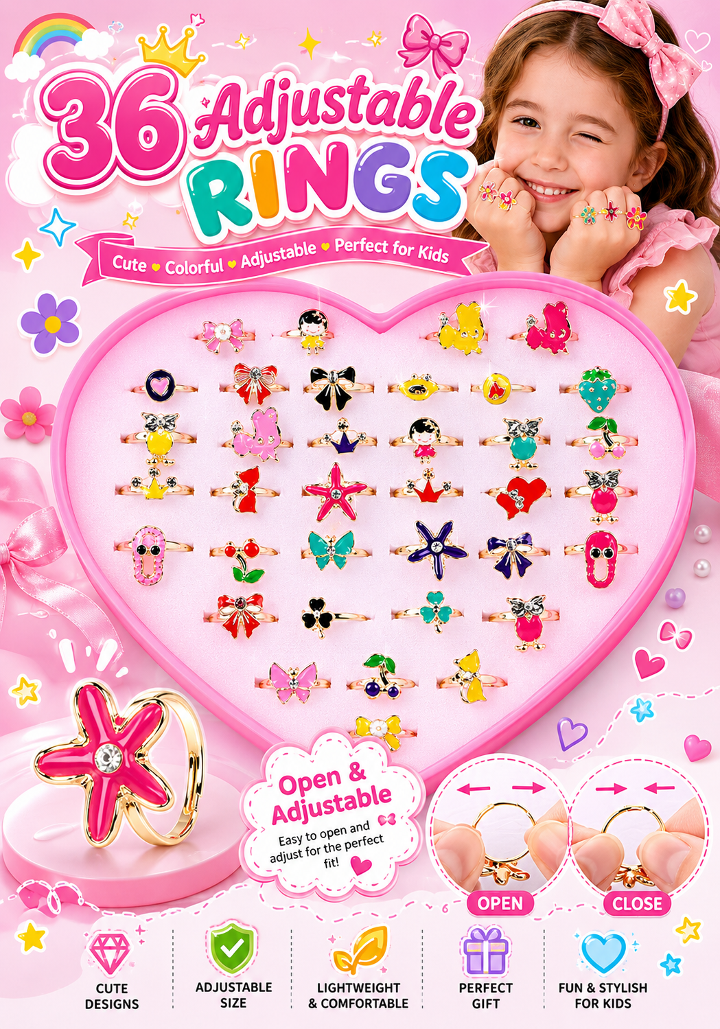 36-Piece Adjustable Kids Rings Set – Colorful Cute Princess Jewelry Gift Box