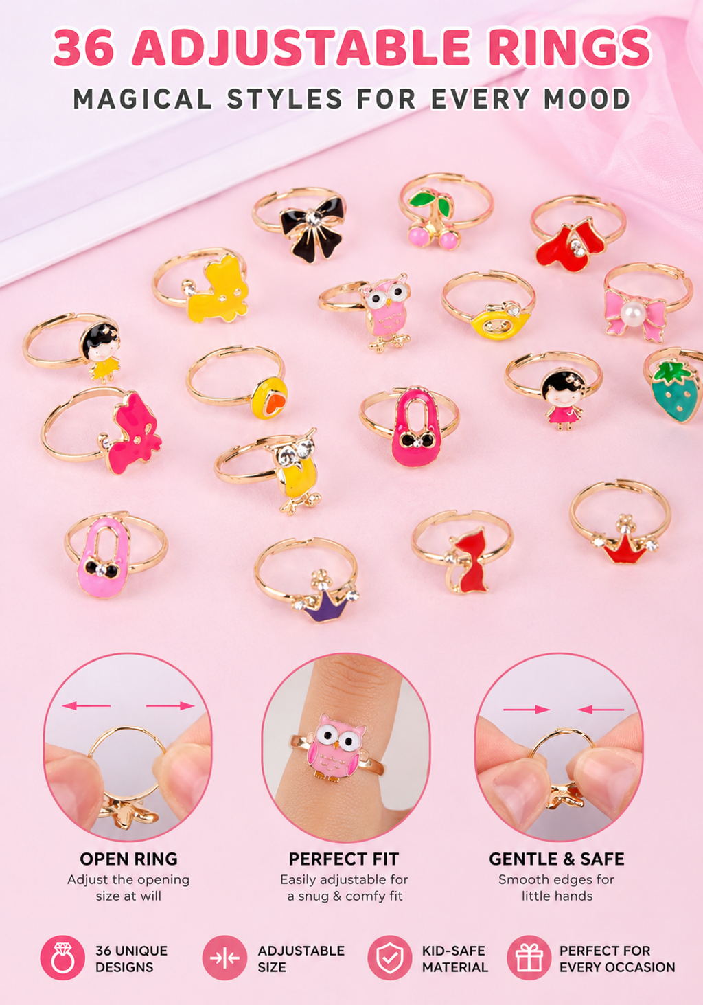 36-Piece Adjustable Kids Rings Set – Colorful Cute Princess Jewelry Gift Box