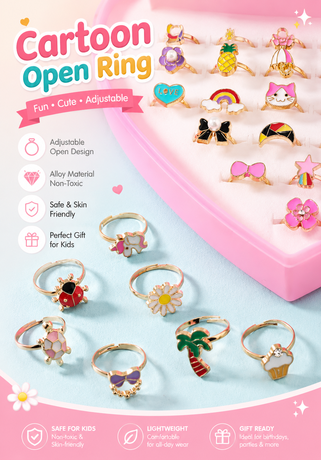 36-Piece Adjustable Kids Rings Set – Colorful Cute Princess Jewelry Gift Box