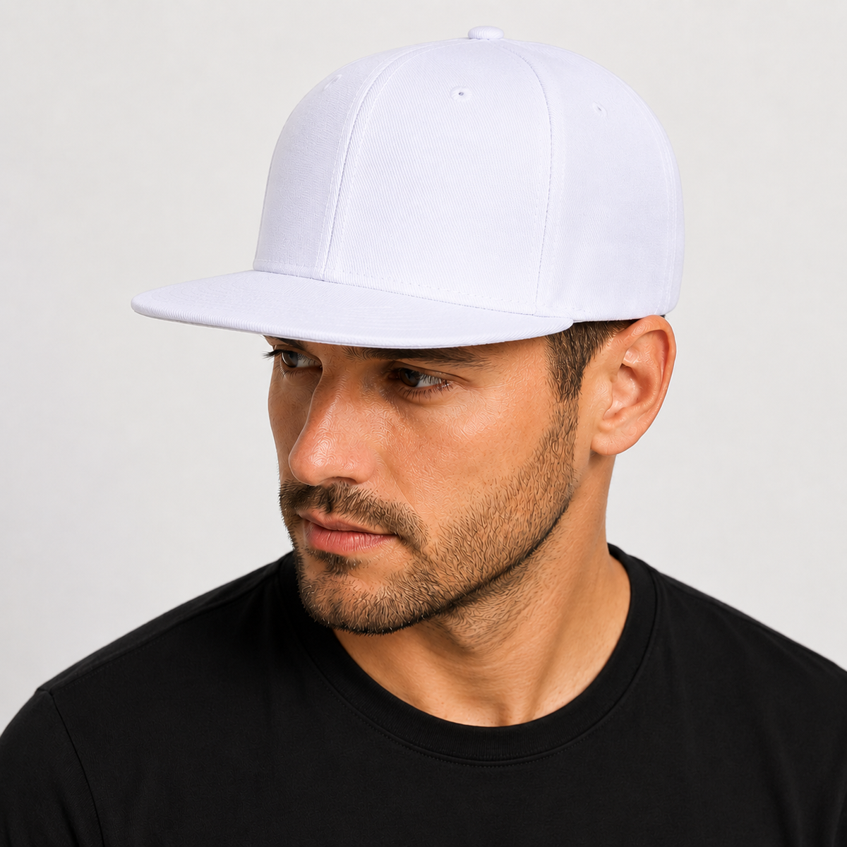 Adjustable snapback closure detail on flat brim cap