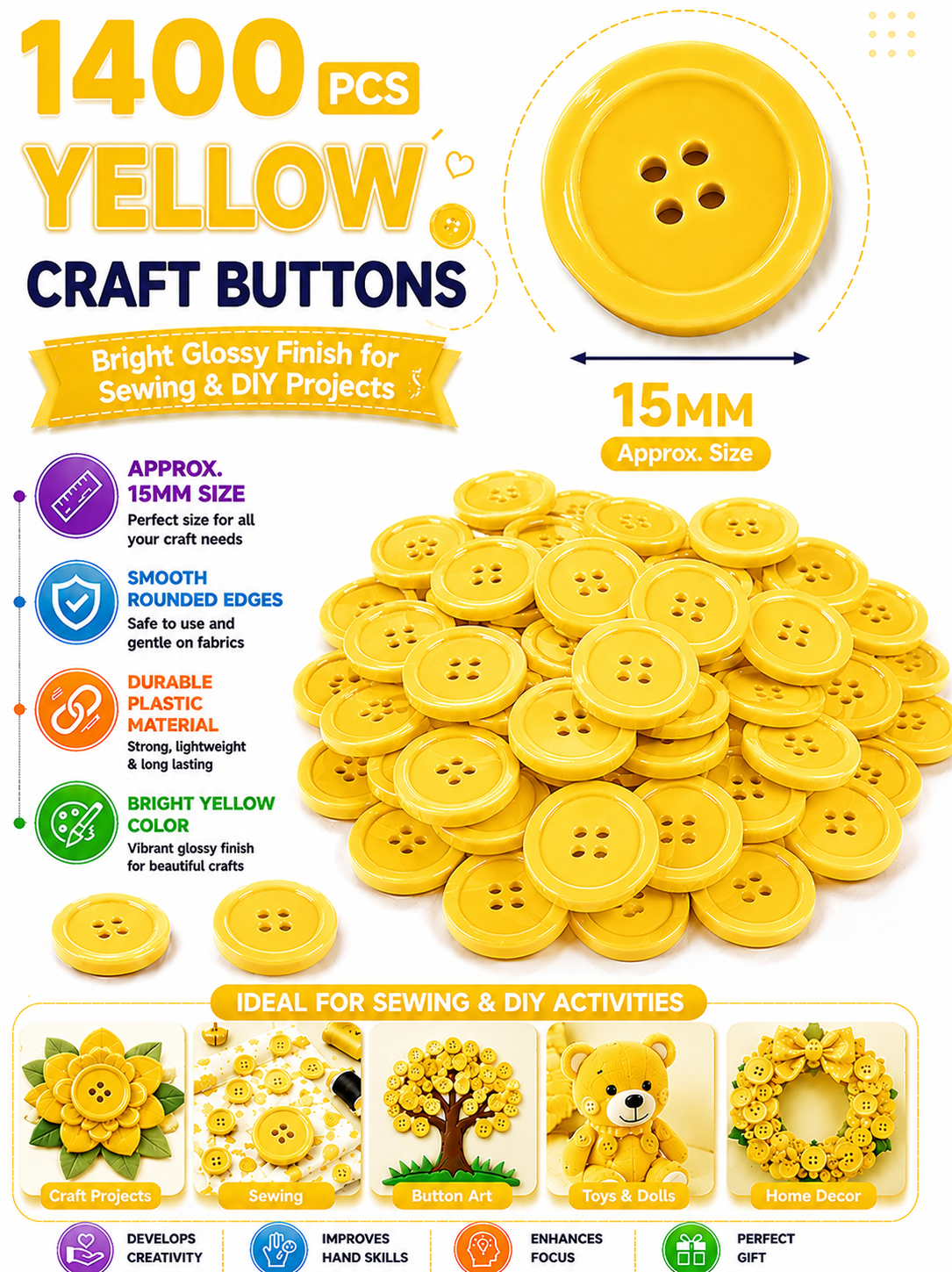 1400-Piece Colorful Craft Buttons – 15mm 4-Hole Sewing & DIY Buttons for Crafts, Clothing & School Projects