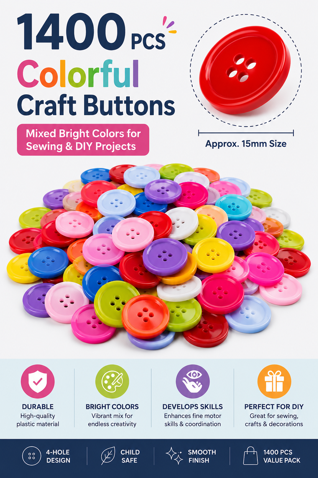 1400-Piece Colorful Craft Buttons – 15mm 4-Hole Sewing & DIY Buttons for Crafts, Clothing & School Projects