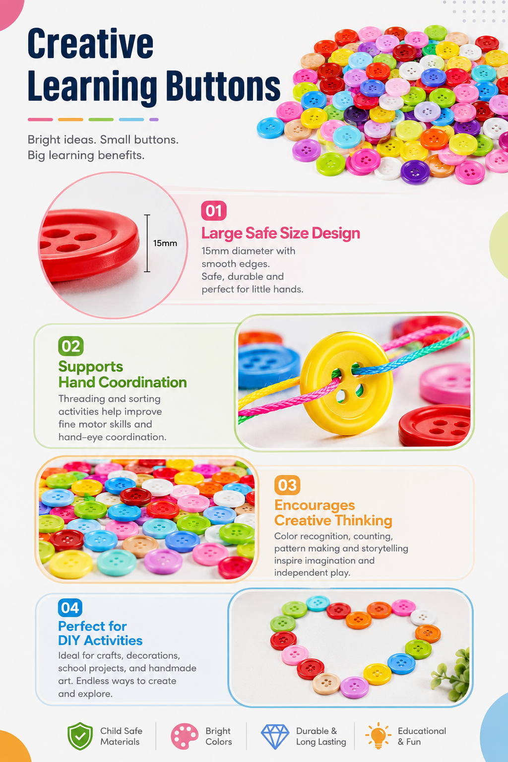 1400-Piece Colorful Craft Buttons – 15mm 4-Hole Sewing & DIY Buttons for Crafts, Clothing & School Projects