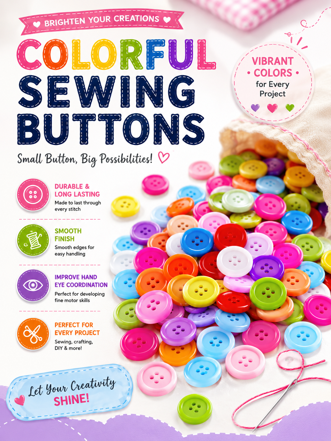 1400-Piece Colorful Craft Buttons – 15mm 4-Hole Sewing & DIY Buttons for Crafts, Clothing & School Projects