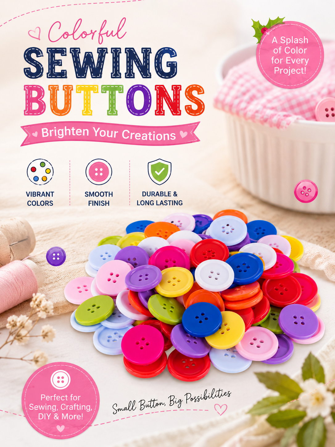 1400-Piece Colorful Craft Buttons – 15mm 4-Hole Sewing & DIY Buttons for Crafts, Clothing & School Projects
