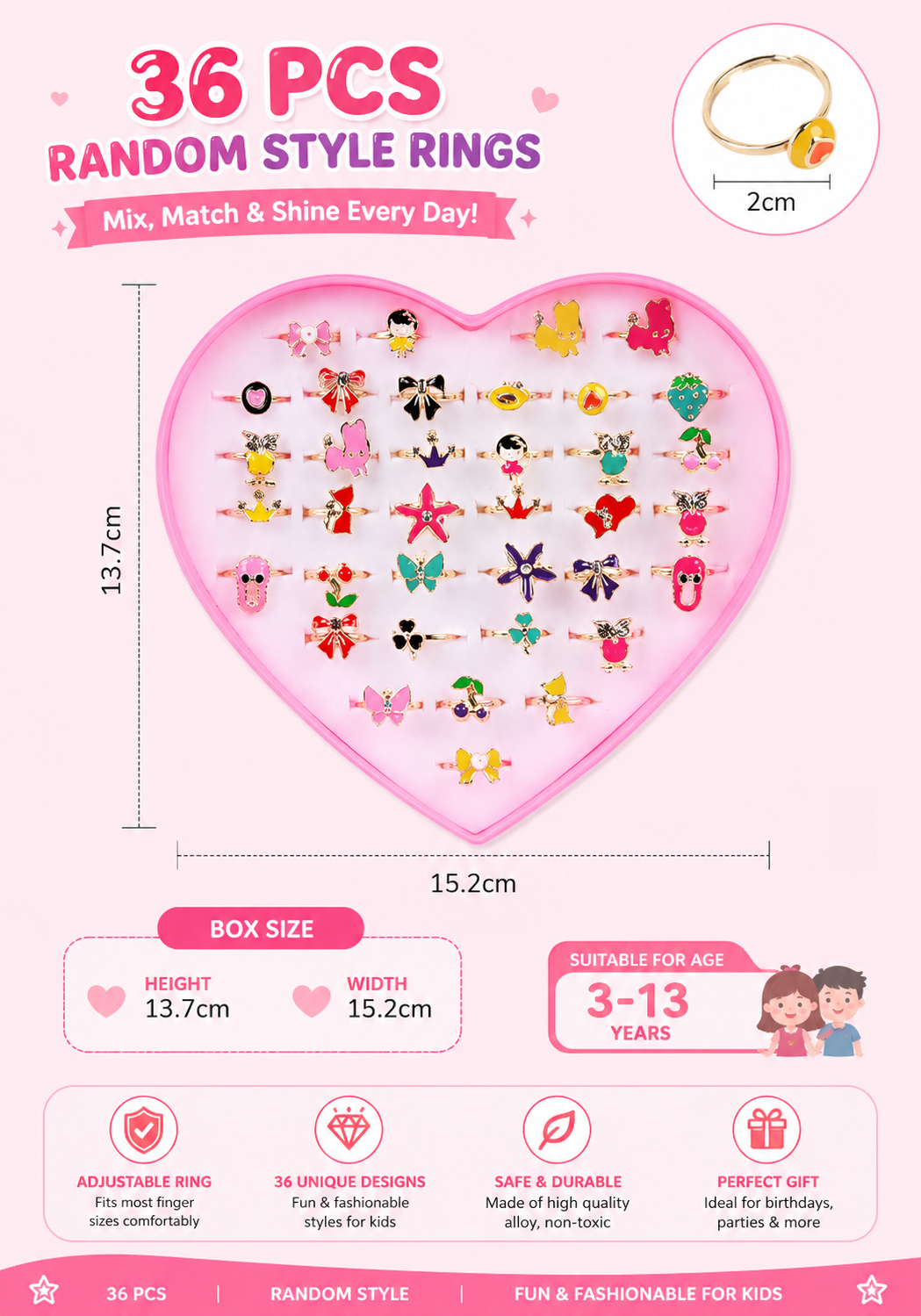 36-Piece Adjustable Kids Rings Set – Colorful Cute Princess Jewelry Gift Box