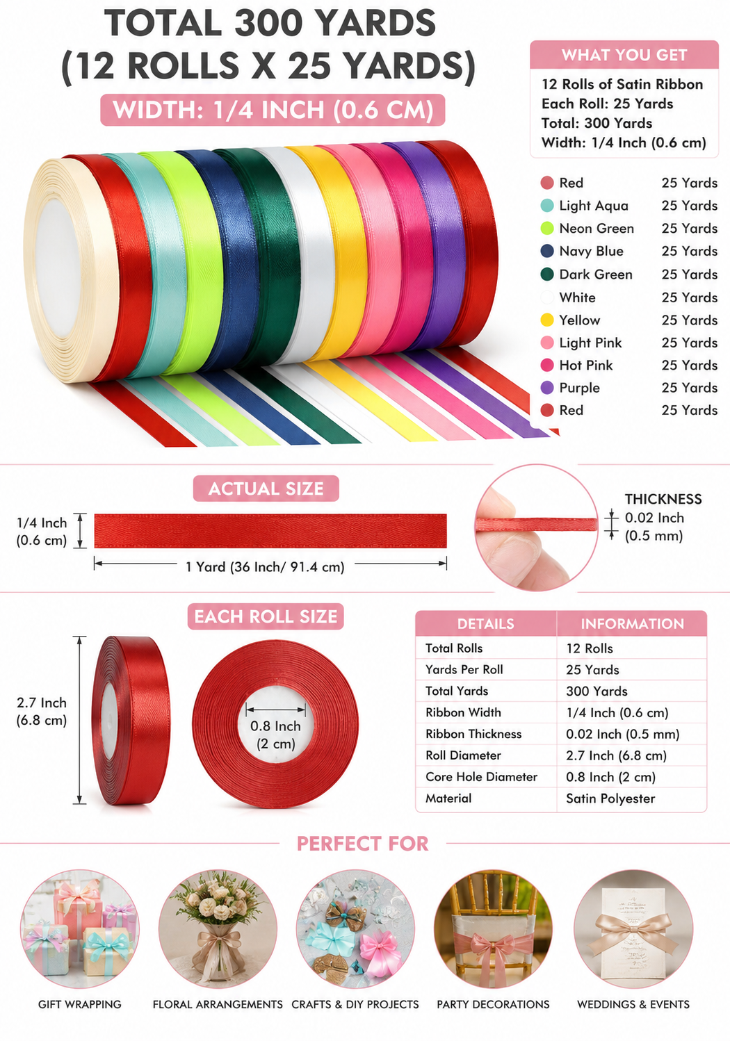12-Pack Satin Ribbon Rolls – 1/4 Inch x 25 Yards Each, Assorted Colors for Gift Wrapping, Crafts & Decorations