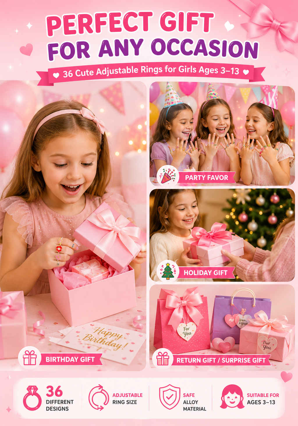 36-Piece Adjustable Kids Rings Set – Colorful Cute Princess Jewelry Gift Box