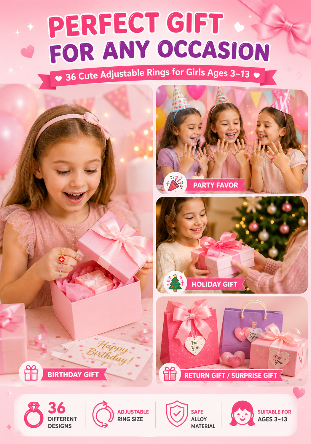 36-Piece Adjustable Kids Rings Set – Colorful Cute Princess Jewelry Gift Box