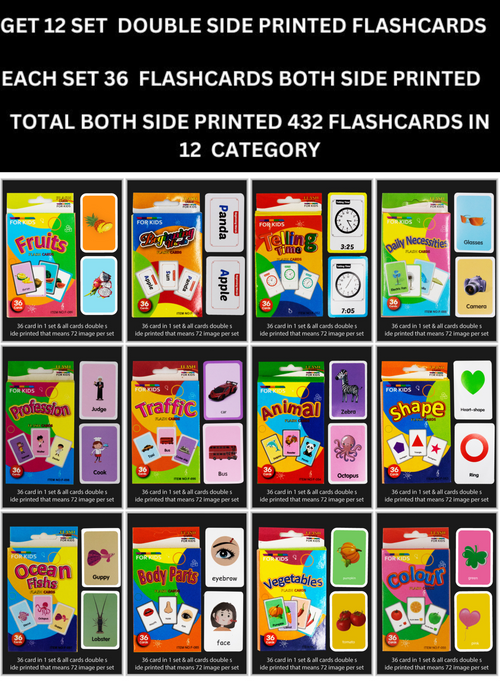 Double-sided preschool flash cards with colorful illustrations