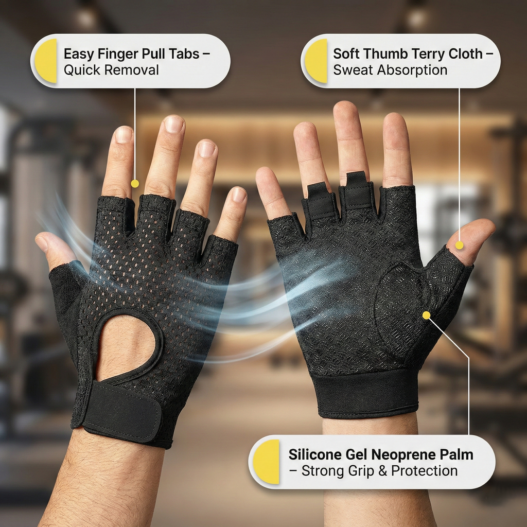 Ultra-Lightweight Half Finger Gym Gloves – Breathable Non-Slip Workout Gloves for Weightlifting, Fitness & Cycling