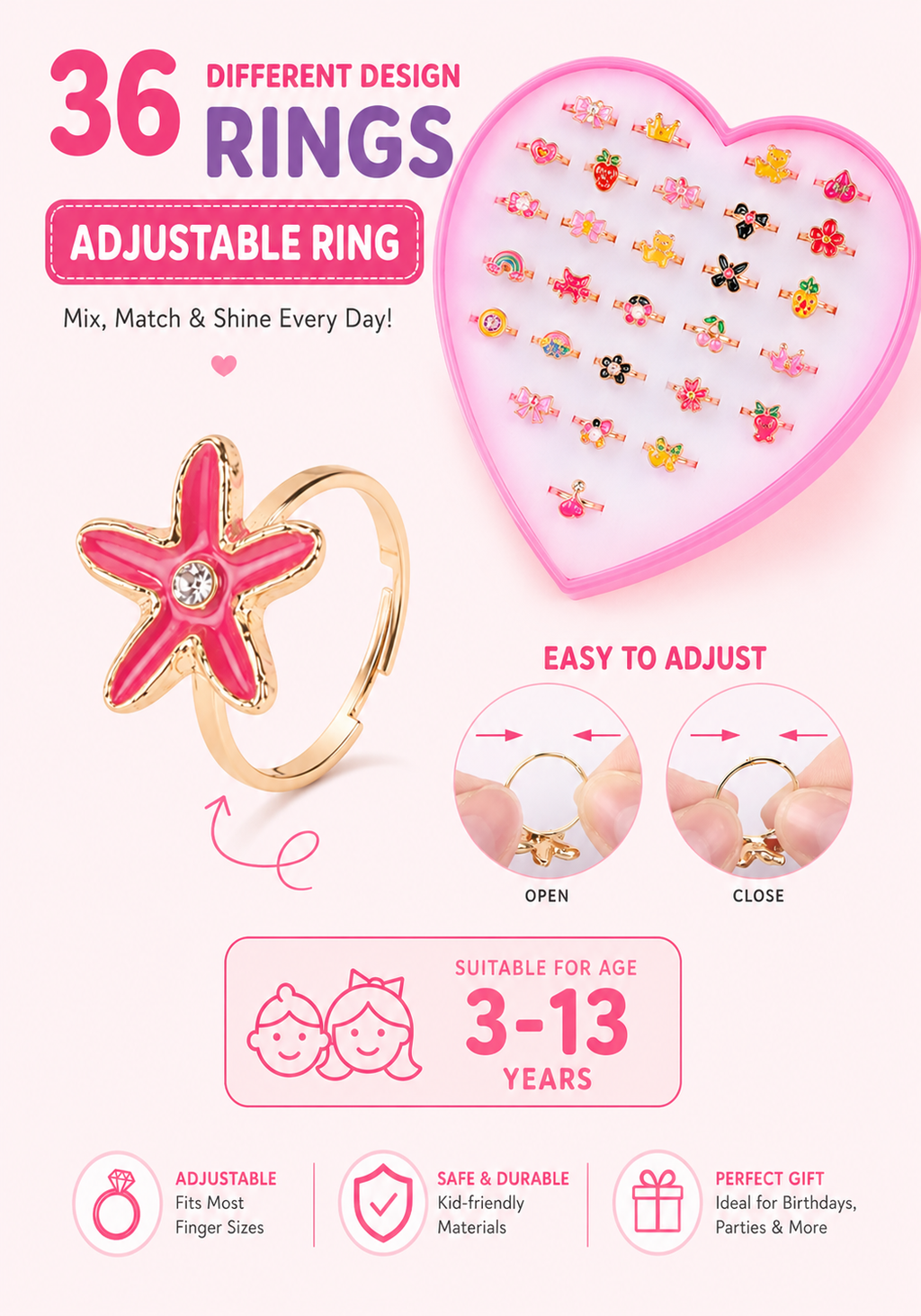 36-Piece Adjustable Kids Rings Set – Colorful Cute Princess Jewelry Gift Box