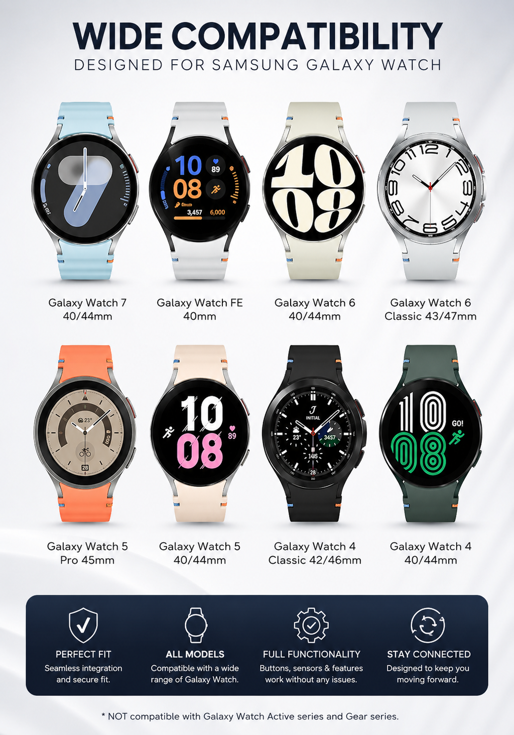 4-Pack Silicone Watch Bands Compatible with Samsung Galaxy Watch 7/6/5/4/FE & Classic (20mm)