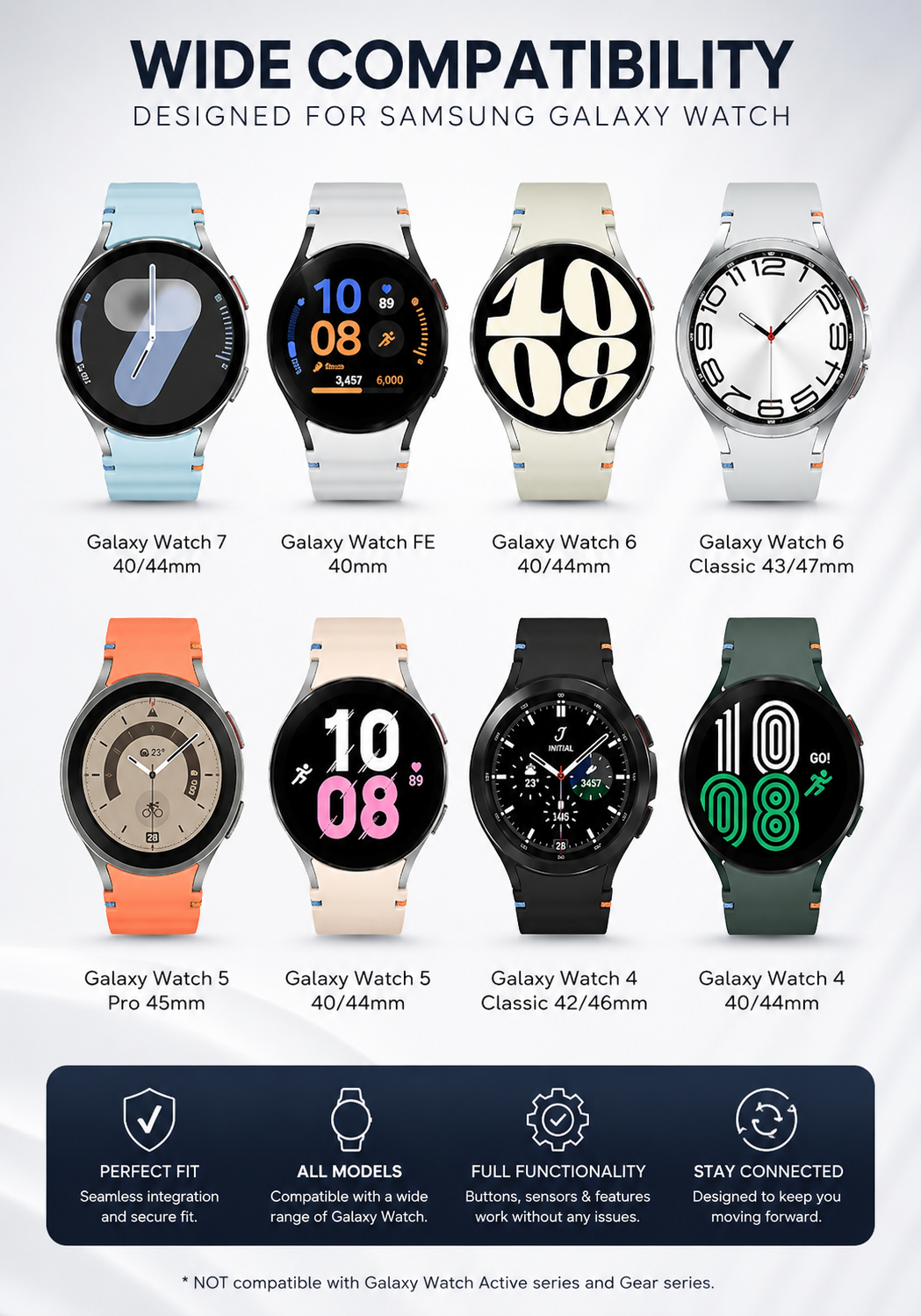 4-Pack Silicone Watch Bands Compatible with Samsung Galaxy Watch 7/6/5/4/FE & Classic (20mm)