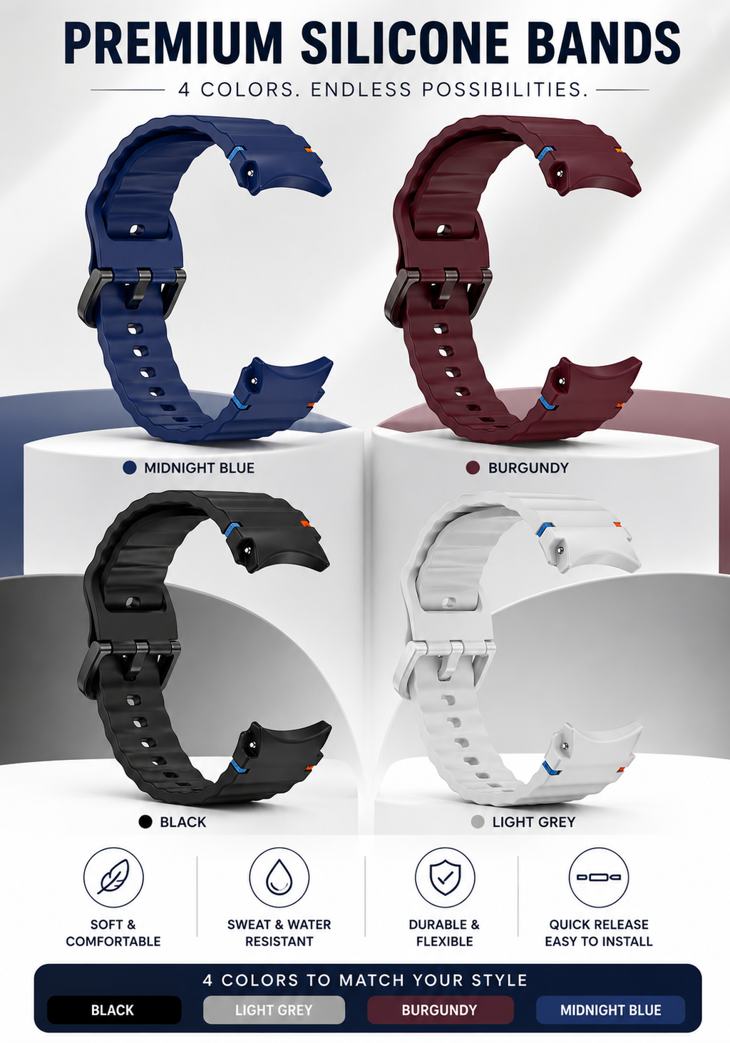 4-Pack Silicone Watch Bands Compatible with Samsung Galaxy Watch 7/6/5/4/FE & Classic (20mm)