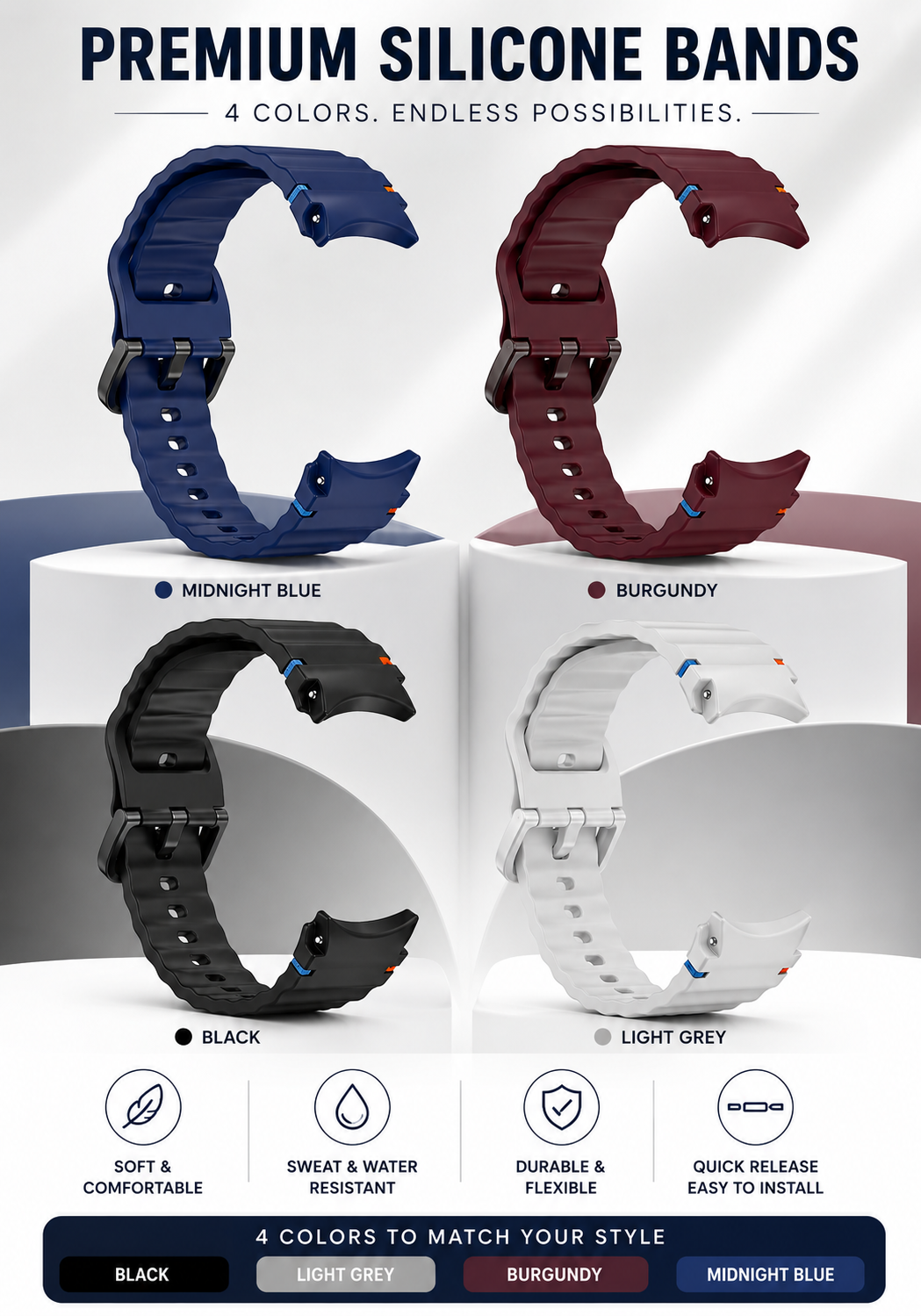 4-Pack Silicone Watch Bands Compatible with Samsung Galaxy Watch 7/6/5/4/FE & Classic (20mm)