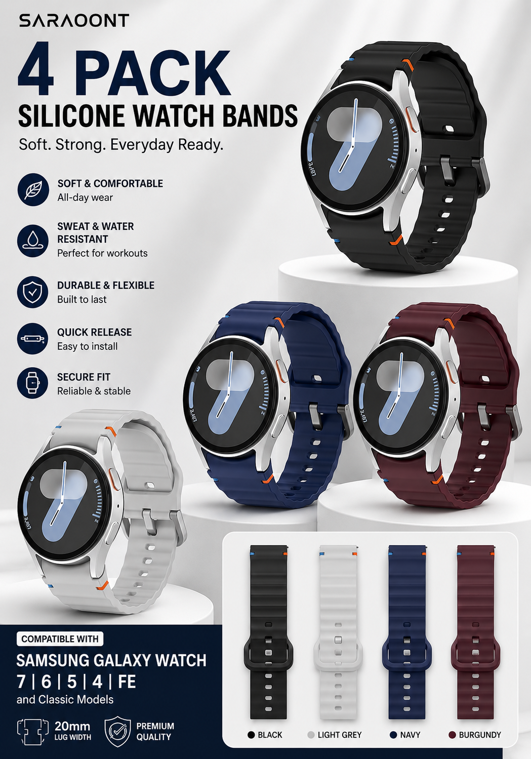 SARAOONT 4-pack silicone watch bands for Samsung Galaxy Watch 20mm