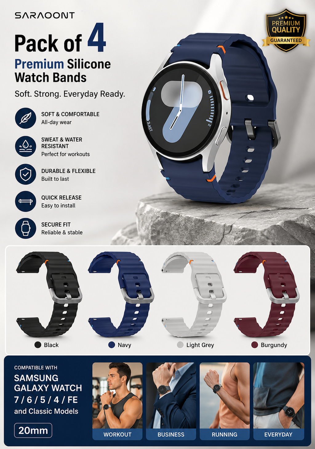 4-Pack Silicone Watch Bands Compatible with Samsung Galaxy Watch 7/6/5/4/FE & Classic (20mm)