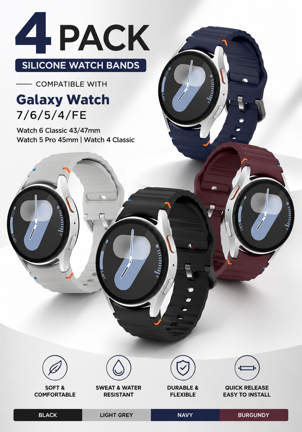 4-Pack Silicone Watch Bands Compatible with Samsung Galaxy Watch 7/6/5/4/FE & Classic (20mm)