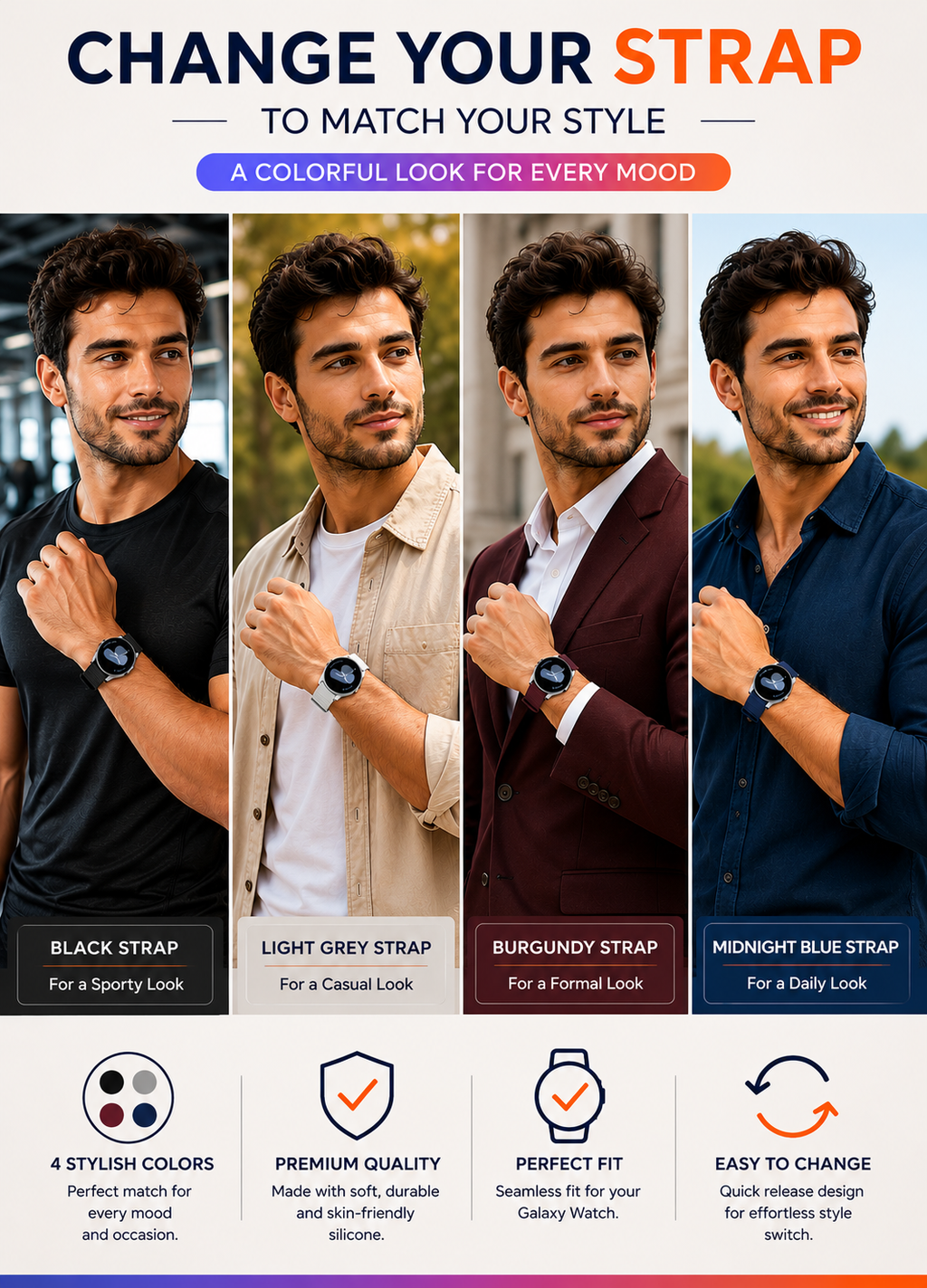 Samsung Galaxy Watch silicone strap colors black grey blue burgundy