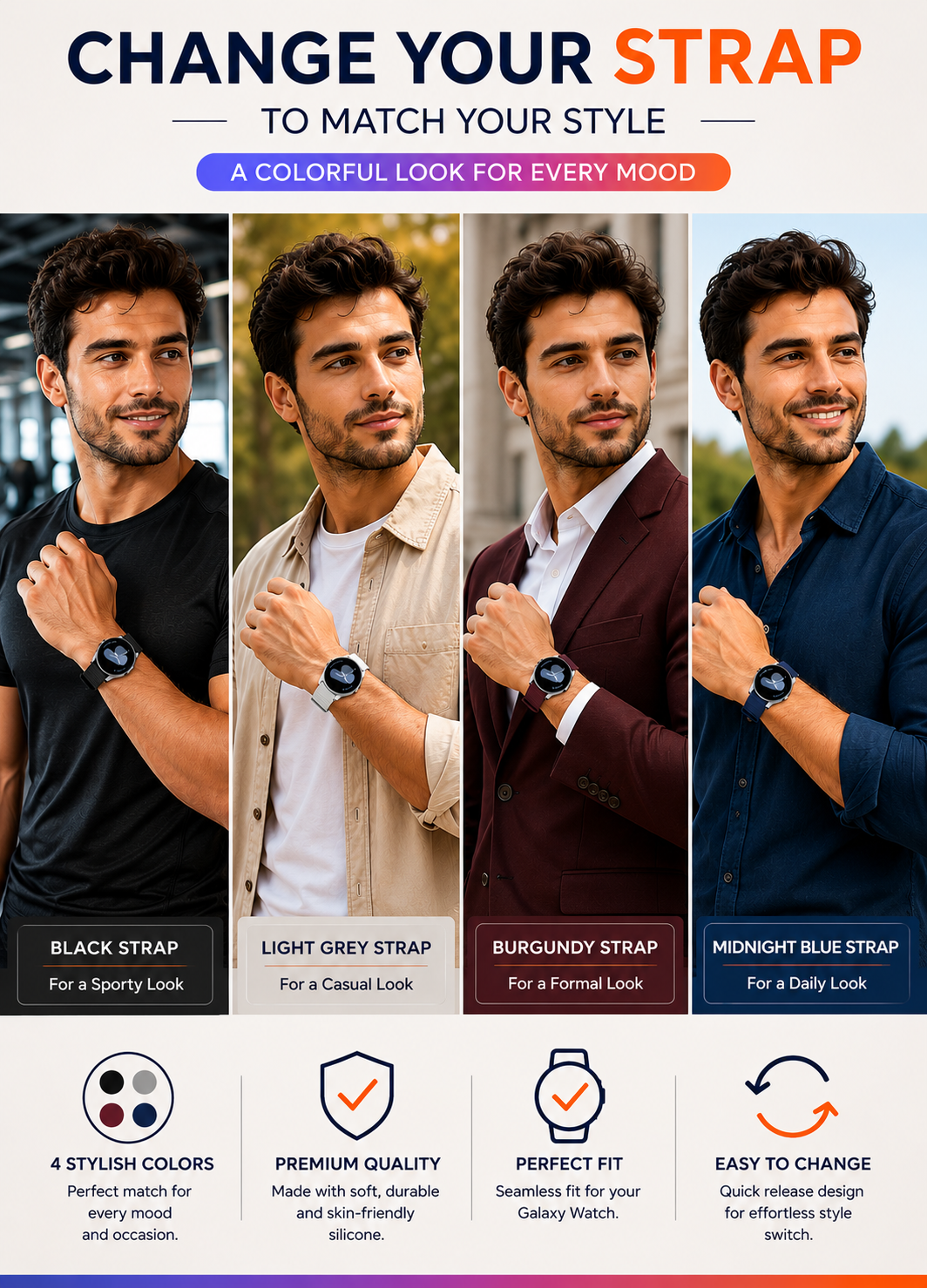 Samsung Galaxy Watch silicone strap colors black grey blue burgundy