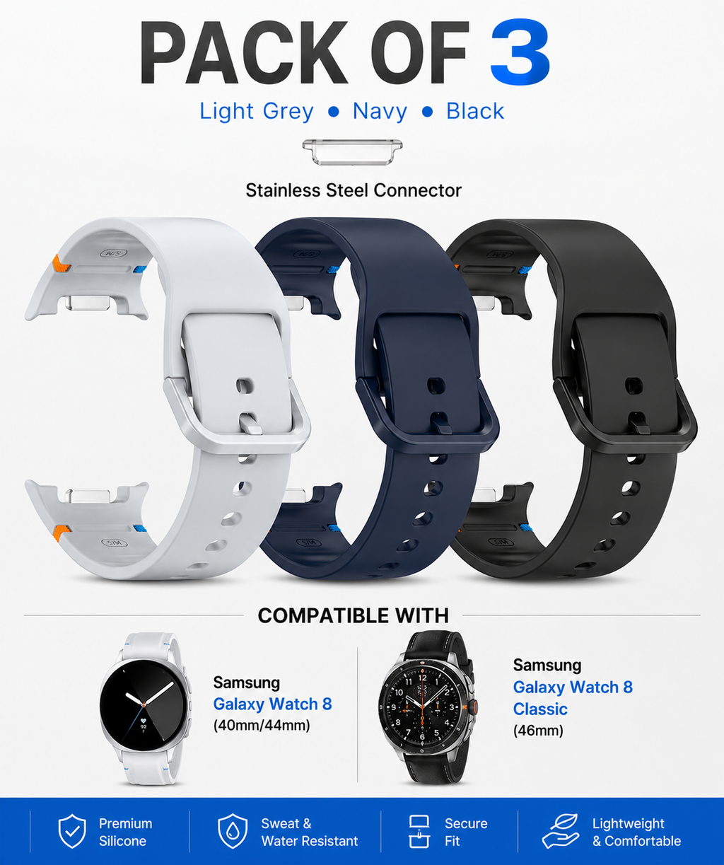 3-Pack Silicone Watch Bands Compatible with Samsung Galaxy Watch 8 (40mm/44mm) & Galaxy Watch 8 Classic (46mm)