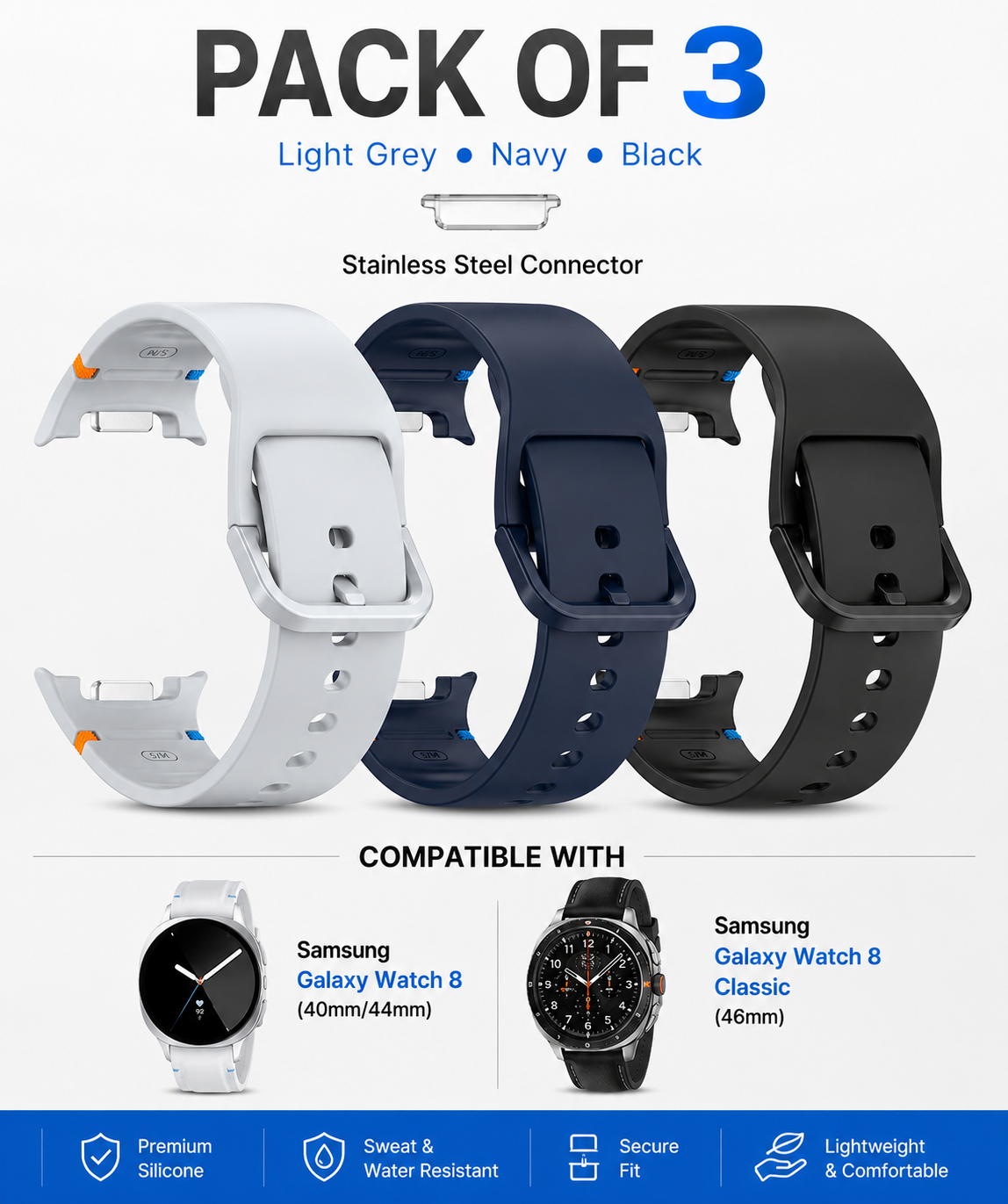 3-Pack Silicone Watch Bands Compatible with Samsung Galaxy Watch 8 (40mm/44mm) & Galaxy Watch 8 Classic (46mm)