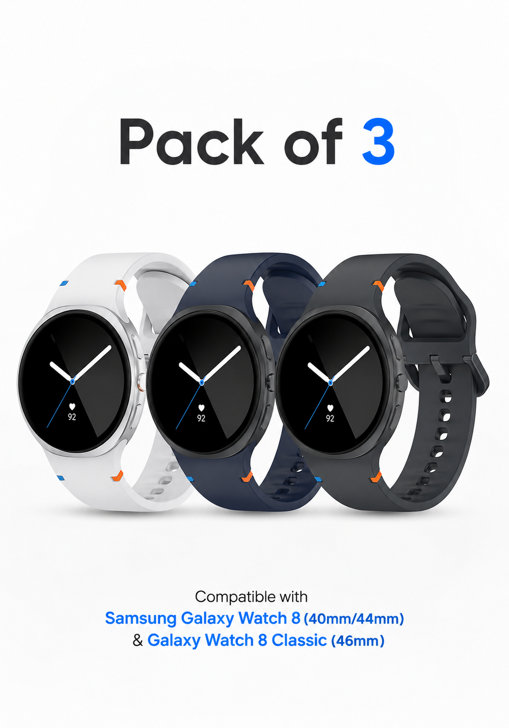 Galaxy Watch 8 silicone strap in black navy and light grey