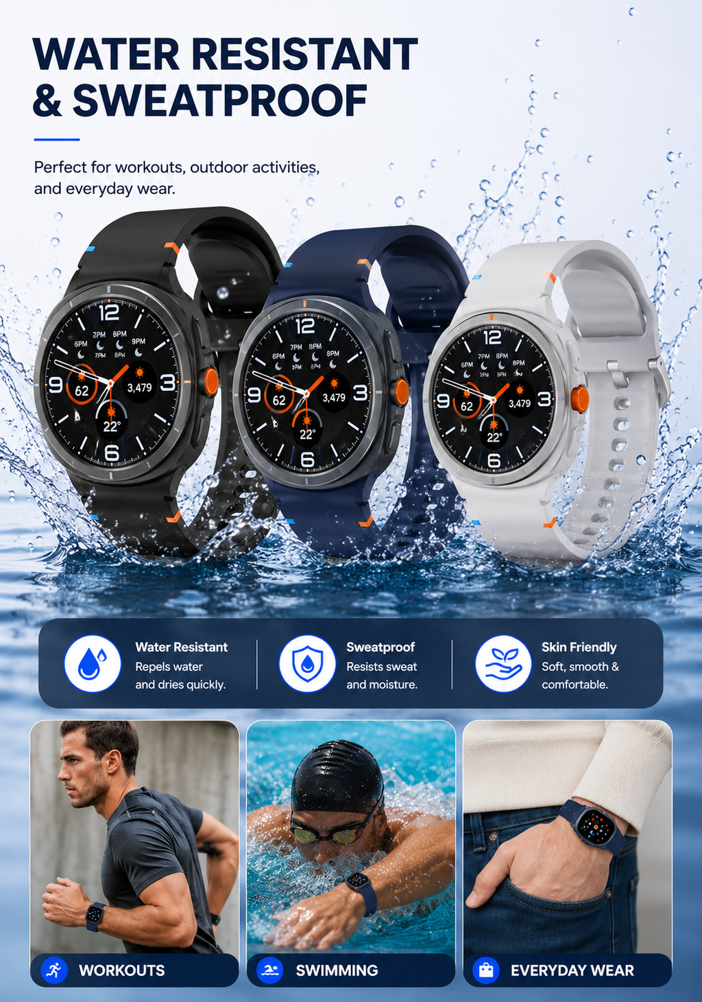 SARAOONT 3-pack silicone bands for Samsung Galaxy Watch 8 and Classic