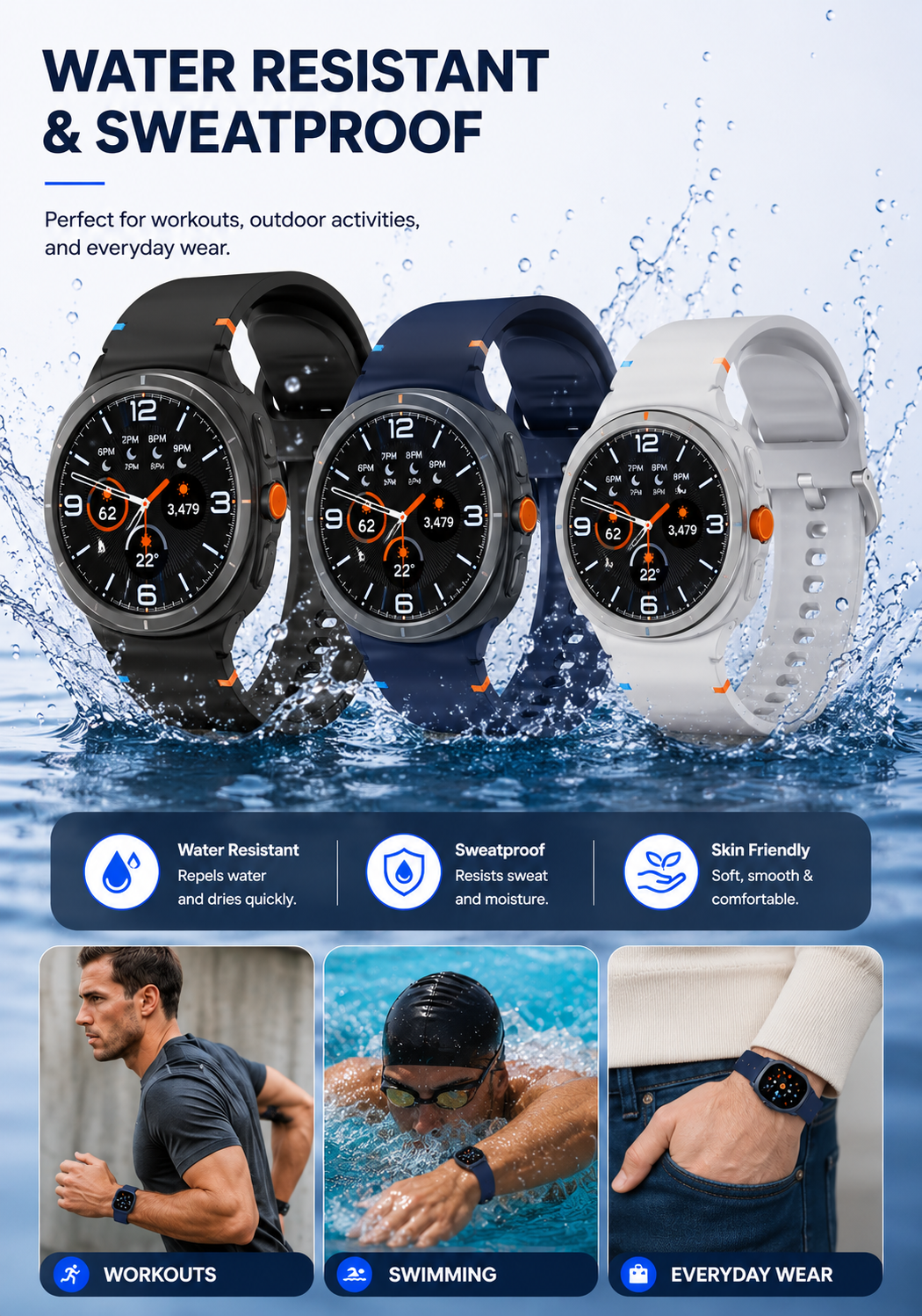 SARAOONT 3-pack silicone bands for Samsung Galaxy Watch 8 and Classic